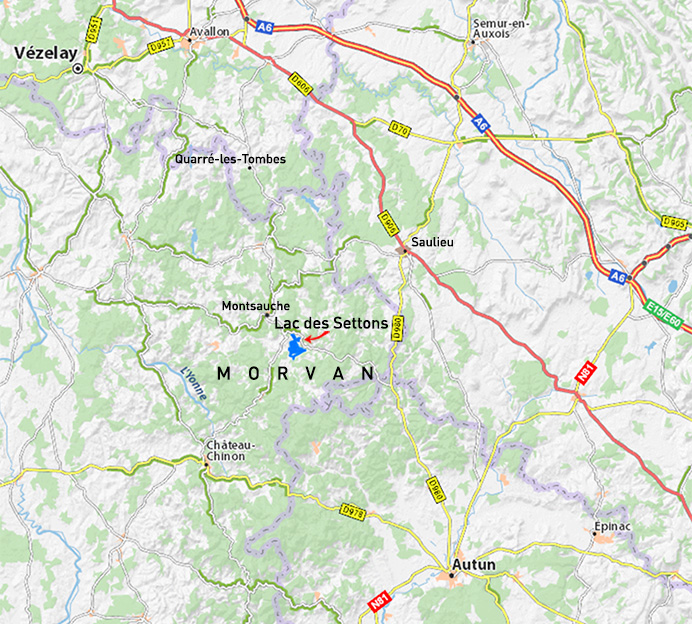 Carte-Settons Carte de situation du lac des Settons dans le Morvan, lieu du stage de chant et Méthode Feldenkrais